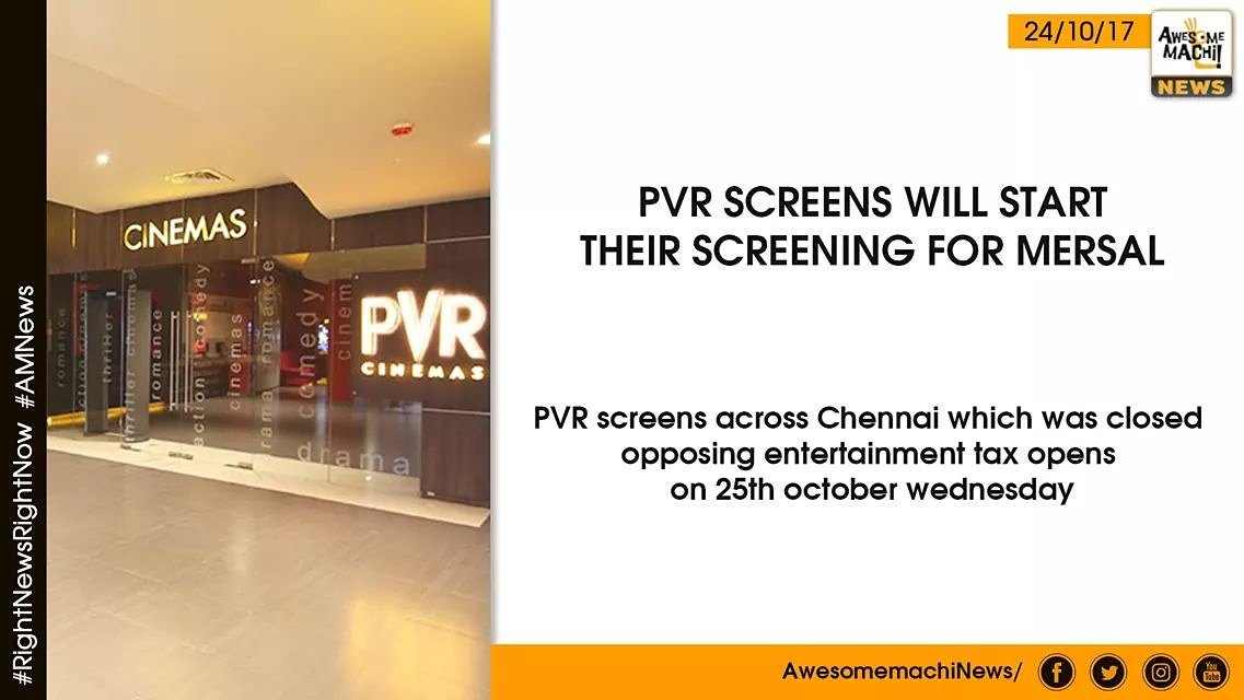 AwesomeMachi's tweet photo. PVR screens across Chennai which was closed opposing entertainment tax opens on october25 #AMNews #NewsOnFB #RightNewsRightNow #pvrscreening https://t.co/86h0PviT8n