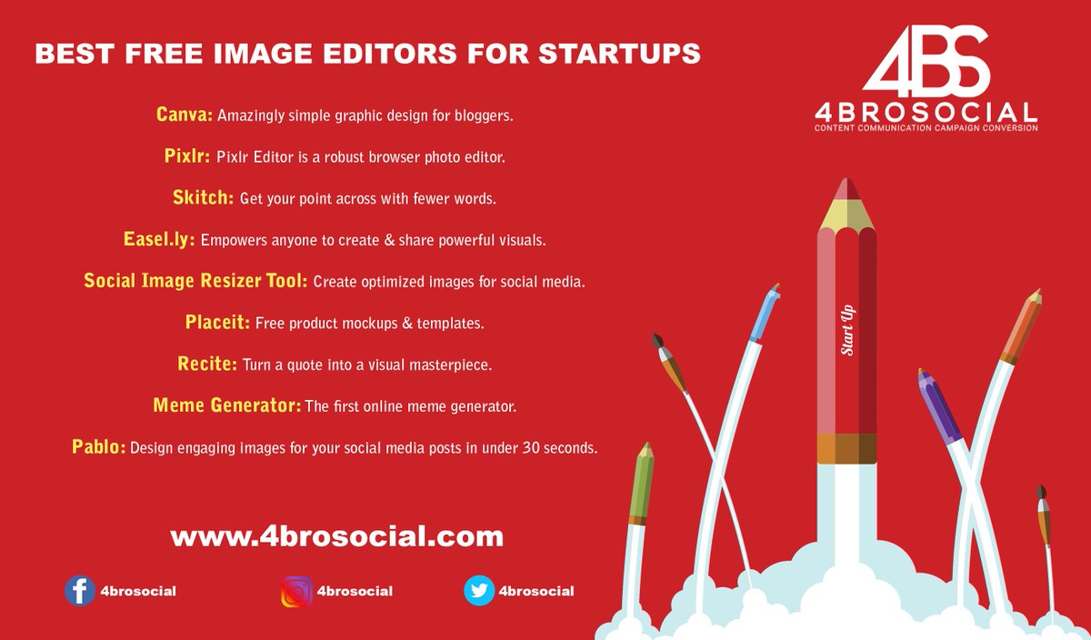 4brosocial's tweet photo. Best free Image Editors for Startups & Social Media Marketers :-)
#ImageEditors #Startups #SocialMediaMarketing #Canva #SocialMedia https://t.co/Kg1VngmaXC