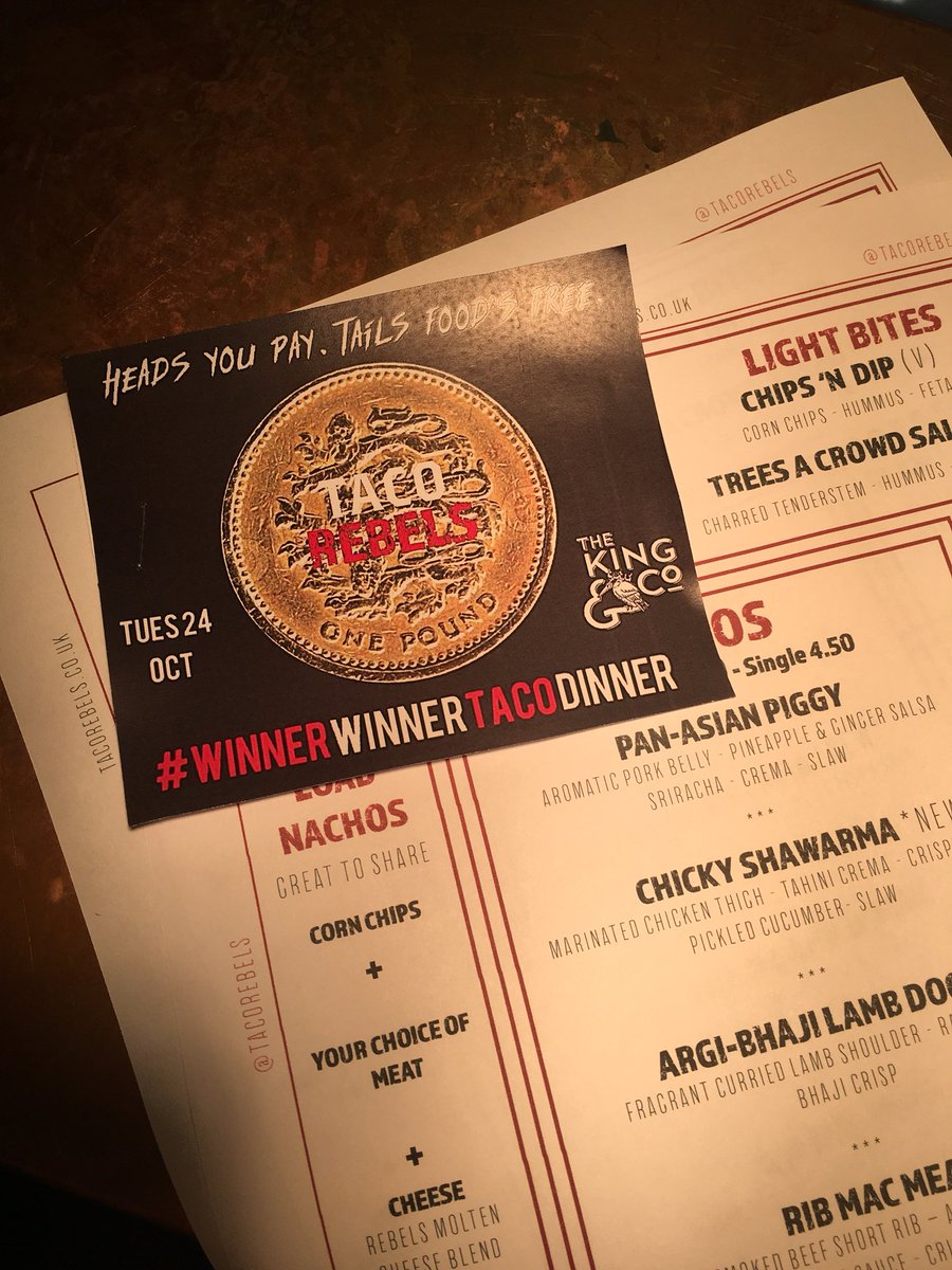 Fancy winning your food for free tonight? It’s our end of residency celebration <a href="/TheKingandCo/">The King & Co</a> . Heads or tails. #WinnerWinnerTacoDinner