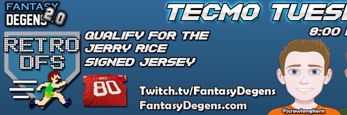 RetroDFS's tweet image. Looking for a mid-week #NFL sweat? Our #TecmoBowl #RetroDFS rosters (4-game slate) lock at 8pm - FantasyDegens.com...play for your chance to win a @JerryRice autographed jersey.