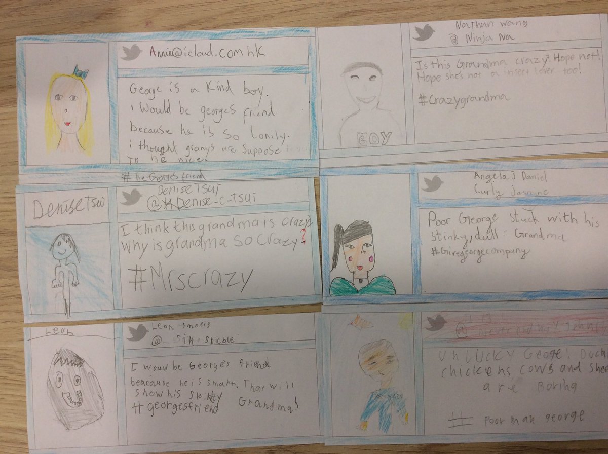 YR3NAISHK's tweet photo. 3D have just read chapter 1 of #georgesmarvellousmedicine .We created paper tweets of our first impressions #naishk #roalddahl https://t.co/F9RfqenE0Z