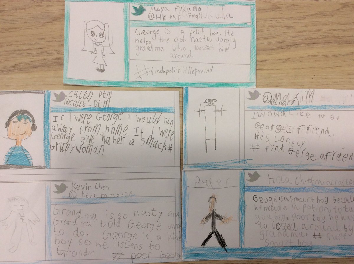 YR3NAISHK's tweet photo. 3D have just read chapter 1 of #georgesmarvellousmedicine .We created paper tweets of our first impressions #naishk #roalddahl https://t.co/F9RfqenE0Z
