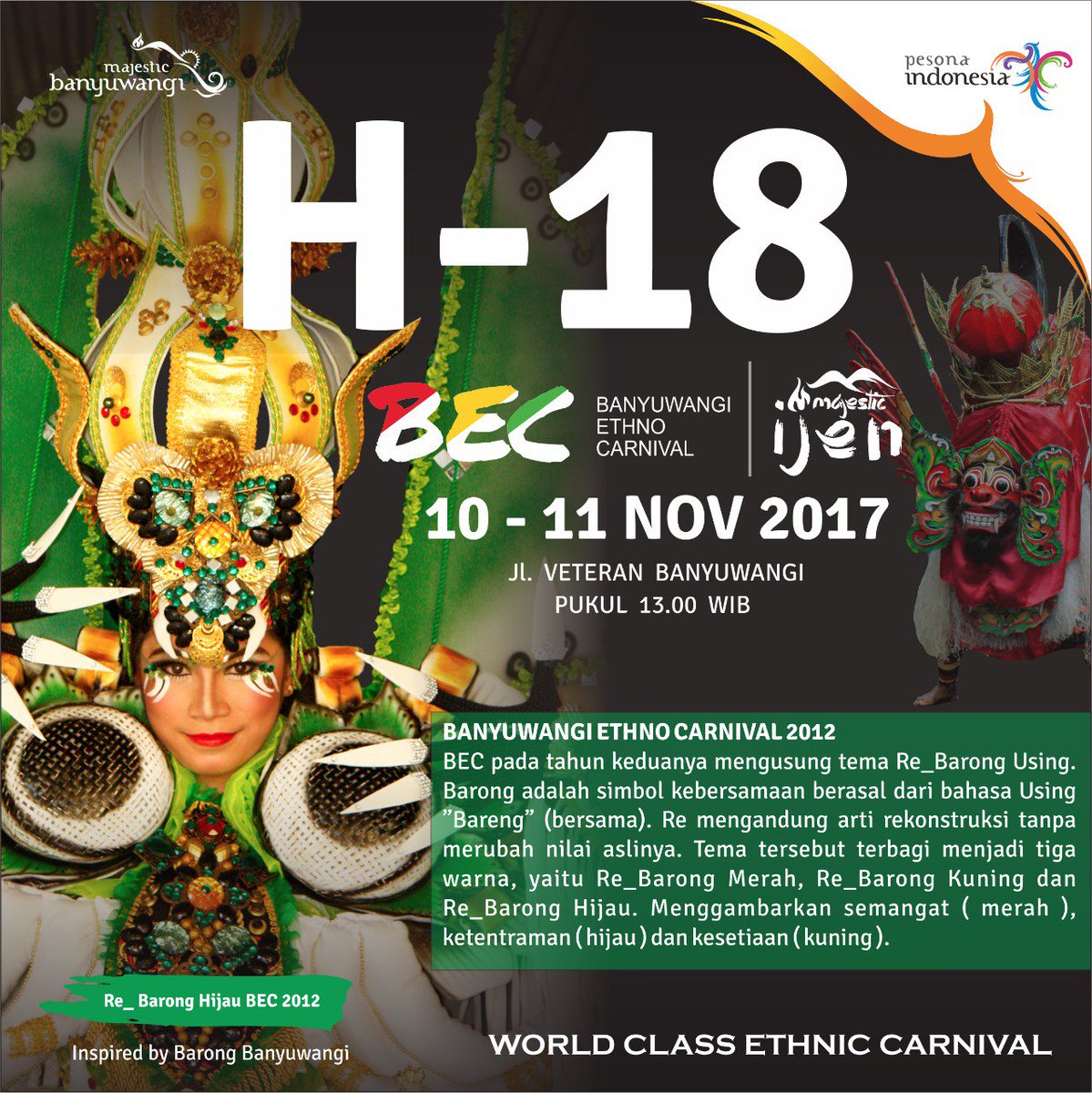 Banyuwangi_tour's tweet photo. H-18 Menuju Perhelatan Banyuwangi Ethno Carnival 2017
#majesticbanyuwangi
#banyuwangitourism
#pesonaindonesia
#wonderfulindonesia
#BEC2017 https://t.co/hyHkZY9Cn9