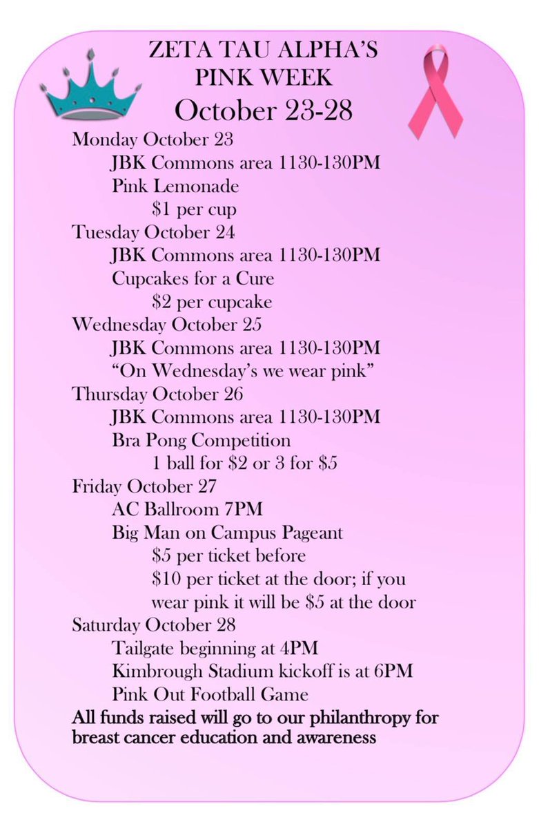 It's #PinkWeek at WT!! Head on out to support <a href="/WT_ZTA/">WTAMU ZTA</a> in making a difference for Breast Cancer Awareness! 💕💕💕 #ThinkPink #BreastCancer