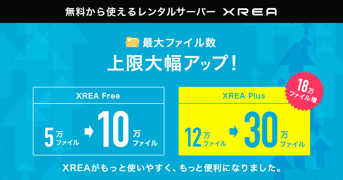 ValueDomain's tweet photo. この度XREAでは、以前からご要望いただいておりました、ファイル数制限の緩和を実施いたしました！
これにより、ファイル数の多いWordPressなどを管理する場合も、今まで以上に余裕を持った運営が可能となります。

https://t.co/N00KB6GpKM https://t.co/T7HdgQowMm