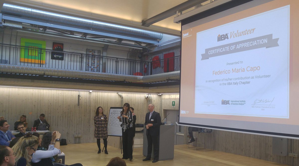 iiba_italy's tweet photo. @FedCapo di @NTTDATA_IT premiato per il suo contributo nello sviluppo della Business Analysis in Italia al #bawi2017 https://t.co/8Lqawvairh