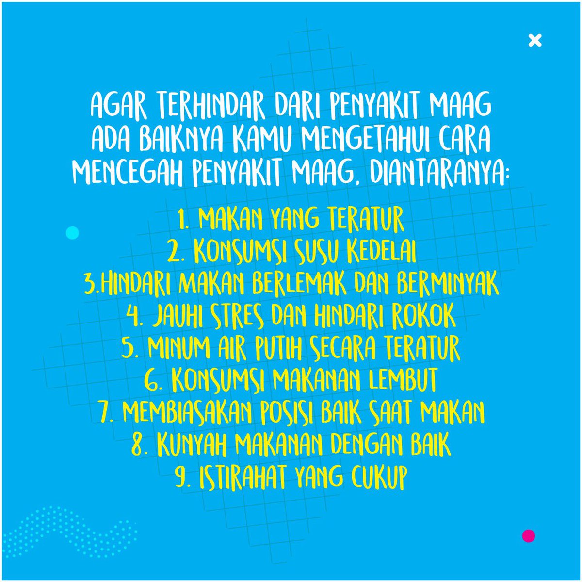 JNE_ID's tweet photo. Siang gaiiis, siapa disini yang pernah merasakan sakit Maag?
Simak #TipsJNE untuk mencegah Penyakit Maag berikut ini yuk.
semoga bermaanfaat https://t.co/MlEzOsyYA1