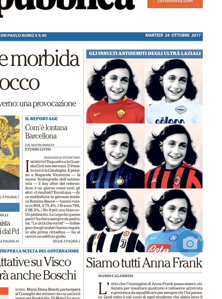 ROBZIK's tweet photo. Bravo @mariocalabresi che in prima pagina su @repubblica risponde così all’infamia dei lazi-fascisti su #AnnaFrank https://t.co/3KLooY5qw4