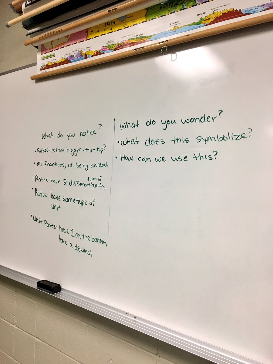 mikaelamcmanus's tweet photo. What do you notice about ratios, rates, and unit rates? What do you wonder? 2 diff classes = 2 v. diff attitudes #iTeachMath #wdynwdyw https://t.co/CdilS031gK
