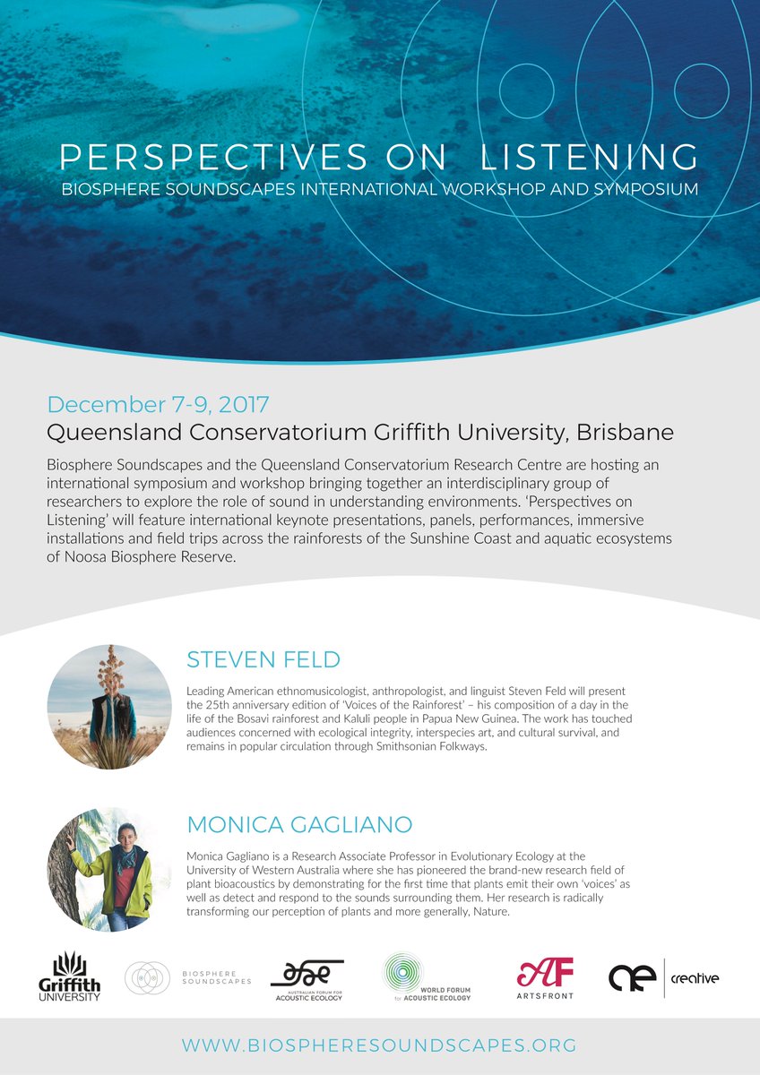 LeahBarclay's tweet photo. 'Perspectives on Listening' @BioScapes International Symposium ft. Steven Feld & @Monica_Gagliano Dec 7-9 #Brisbane https://t.co/4umKsaBNn8 https://t.co/YfvCHnejTO