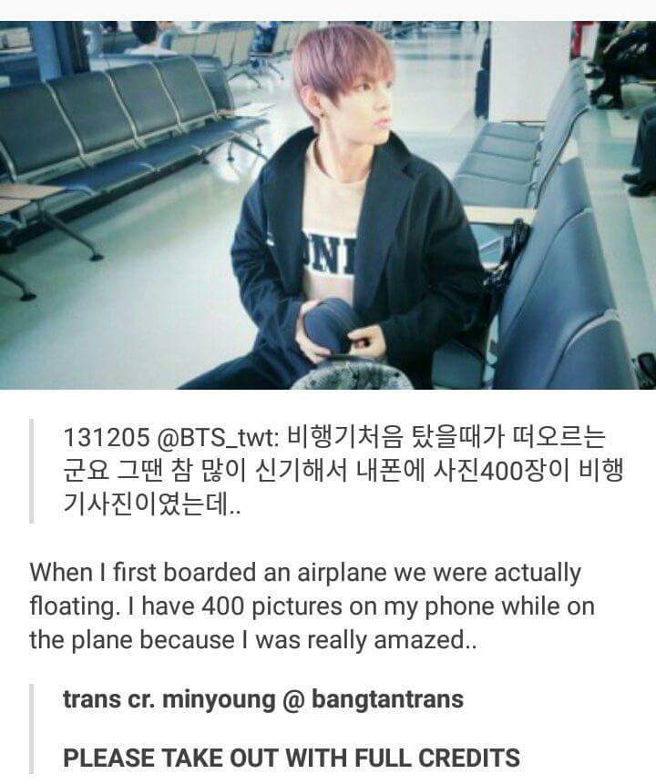 jiminitized's tweet photo. 4 years ago today, taehyung rode an airplane for the first time and he even took 400 photos on the plane bc he's really amazed, such a cutie https://t.co/ULmLCNZlbH
