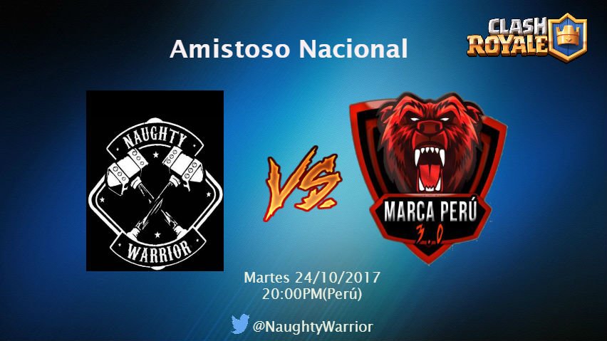 📆 Hoy, Martes 24/10/17  🕘20:00 hrs 🇵🇪 
⚔️ <a href="/NaughtyWarriors/">Naughty Warrior</a> 🆚<a href="/PeruMarca/">Marca Perú</a> 🏆Amistoso Nacional