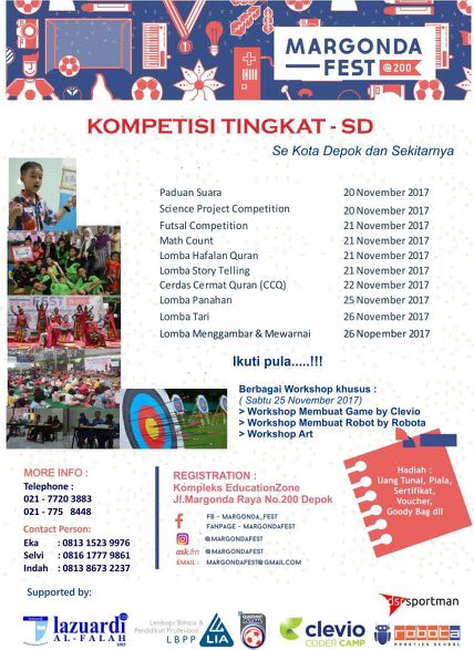 depokita's tweet photo. Margonda Fest (kompetisi tingkat TK-SMA se-Kota Depok & sekitar) @ Kompleks Education Zone #Depok #EventDPK #LombaDPK #EventDepok https://t.co/qaZffnapm6