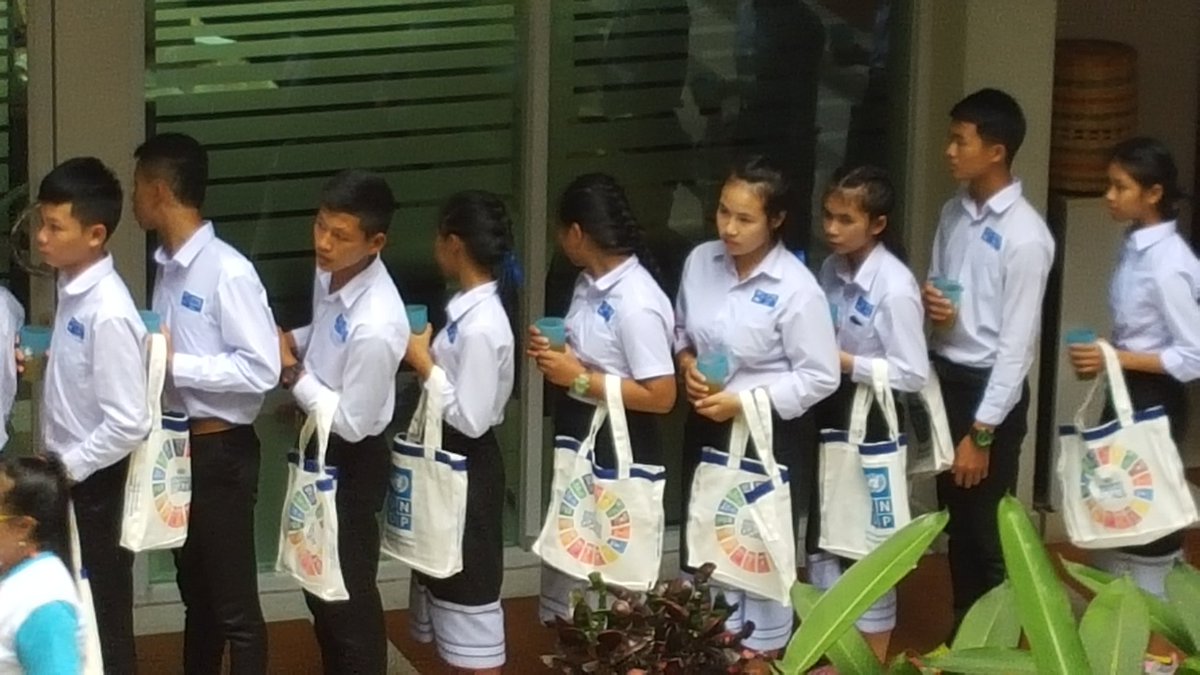 MargaretJWUNDP's tweet photo. They are here! @UNinLaoPDR welcomes students of #Laos to #UNOpenHouse for #UNDay. Sharing our work. Learning about #SDGs. https://t.co/OTjuReJhU6