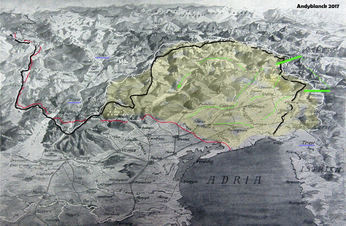 andyblanck1's tweet photo. borderline, 1914 black; frontline before #Caporetto white; frontline after Caporetto red; ita lost land yellow; #Austrogerman final push // https://t.co/nSEa7h2ZcB