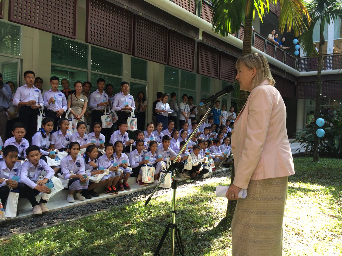UNinLaoPDR's tweet photo. Happening now! @UN RC Kaarina Immonen welcoming 150 kids from Vientiane #Laos to our #OpenUNHouse: “Make use of the opportunity to learn!” https://t.co/e5R9TEW9mO