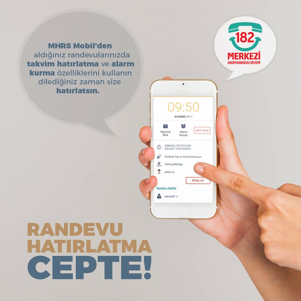 MHRS Mobil'den aldığınız randevularınızda takvim hatırlatma ve alarm kurma özelliklerini kullanın dilediğiniz zaman size hatırlatsın..