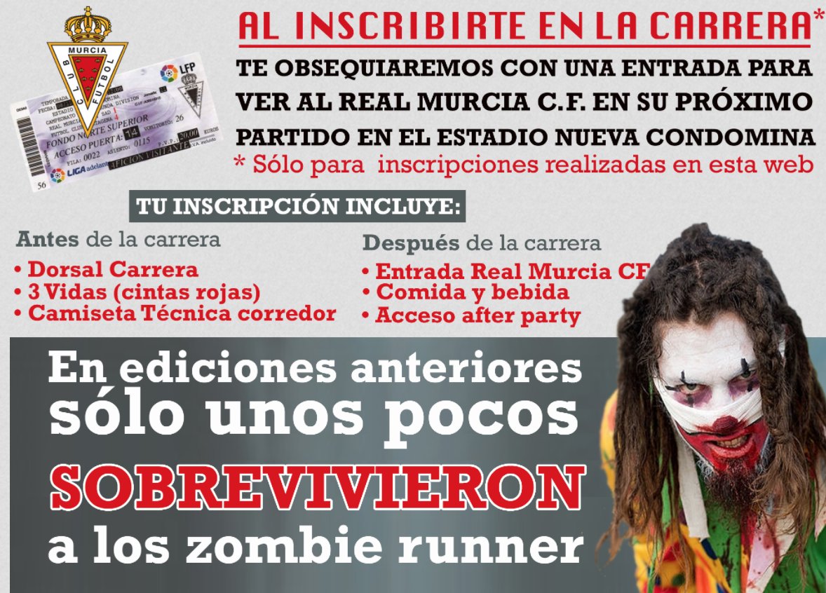 Irunning_es's tweet photo. Con tu inscripción en la #ZombieRace, #gratis 1 entrada para ver al @realmurciacfsad este 29 Oct. 👉 https://t.co/mJUz9T6DOr @MurciaPromos https://t.co/9N3icHgh6M