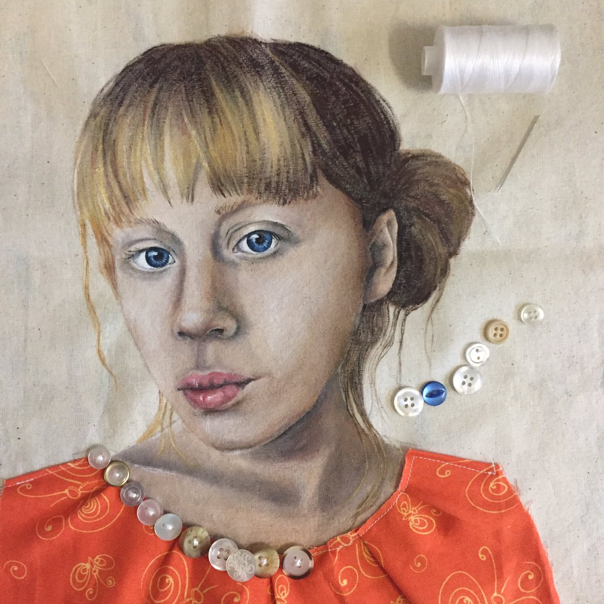 Work in progress #artbag #wearableart #portrait #painting #buttons