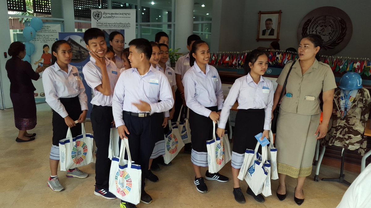 MargaretJWUNDP's tweet photo. Students learning about the work of the #UN and @antonioguterres at #MySecGen station for #UNOpenHouse #UNDay in beautiful #Laos for #SDGs https://t.co/UxqtBYVwGe