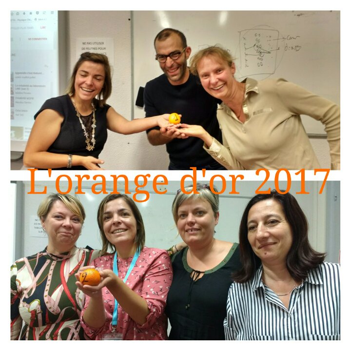 drsmetty's tweet photo. Les lauréats de l'orange d'or. Ludification de l'enseignement. Concours entre #MasterPIF. Avec @margaridaromero @Titouiago @cyberparles https://t.co/oTbhCF3RnU