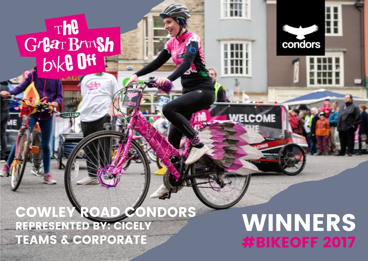 GBBOff's tweet photo. The 2017 #BikeOff Winners are: Teams Category went to Cicely with the Cowley Road Condors Pink Wings #bike. More to follow! #GoCondors! https://t.co/64Z9wSGPrc