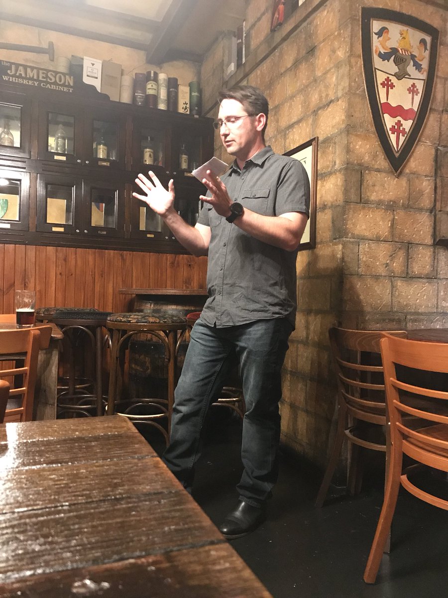 Mick_Cook's tweet image. A very informative, and entertaining, chat from @LeonD_Young at #CBRDrinkandThink. #trustedautonomy #ai #watchoutfortheroo