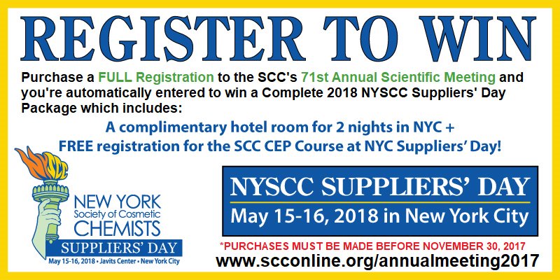SocietyCosChem's tweet photo. Win 2 hotel nights at #SuppliersDay2018 in NYC & complimentary registration for a #CEPcourse during the event! https://t.co/XX4ZPGvBiW https://t.co/uOR7RoJ78F