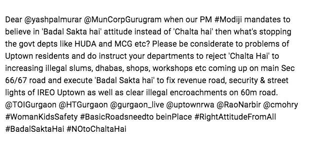 RoarOfIndia's tweet photo. Dear @yashpalmurar @MunCorpGurugram when our PM #Modiji mandates to believe in 'Badal Sakta hai' attitude instead.. https://t.co/KZF361UIF7