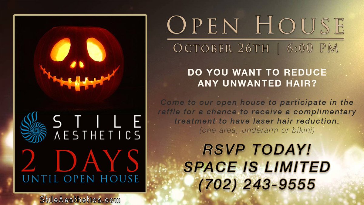 DrStile's tweet photo. Only 2 Days until our #OpenHouse 🎃- Join us for a chance to win a laser hair reduction package 🎉. #UnderArms #BikiniArea #LaserHairRemoval https://t.co/feQ02cC0jn