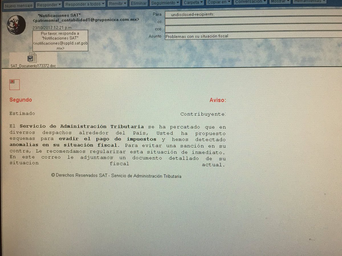 gbelt7's tweet photo. @SATMX el día de ayer recibí un correo falso, no sé si es algún virus o qué tipo de fraude sea https://t.co/6FxET0fVqa