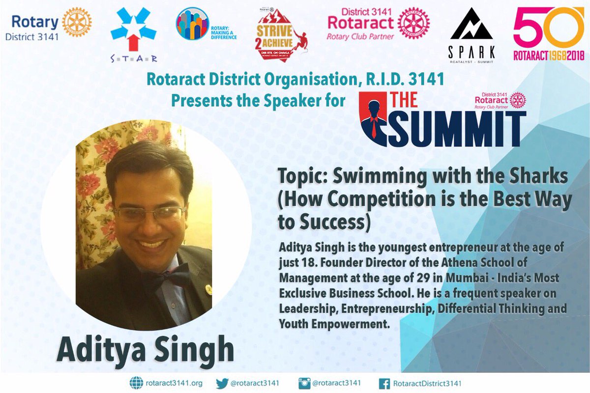 Rotaract3141's tweet photo. Presenting to you the first speaker for The Summit 2017
Rtn. Aditya Singh
#RotaractMumbai #Rotaract50 #Spark #Summit2k17 #RID3141 https://t.co/a9MEtbMs2S