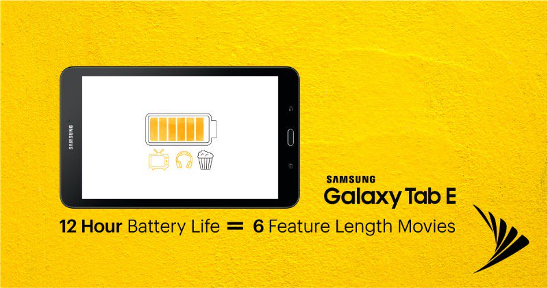 UwSprintBula's tweet photo. Avg RomCom: 2 hrs. Avg battery on your FREE Samsung Galaxy Tab-E: 12 hrs. Data for your next binge: Unlimited. See store for details. https://t.co/KjbVYZTJL1