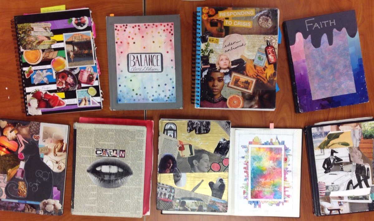 RomanoSTEM's tweet image. Art in the 21st Century II sketchbook cover collages. #dasdpride @DASD_STEM