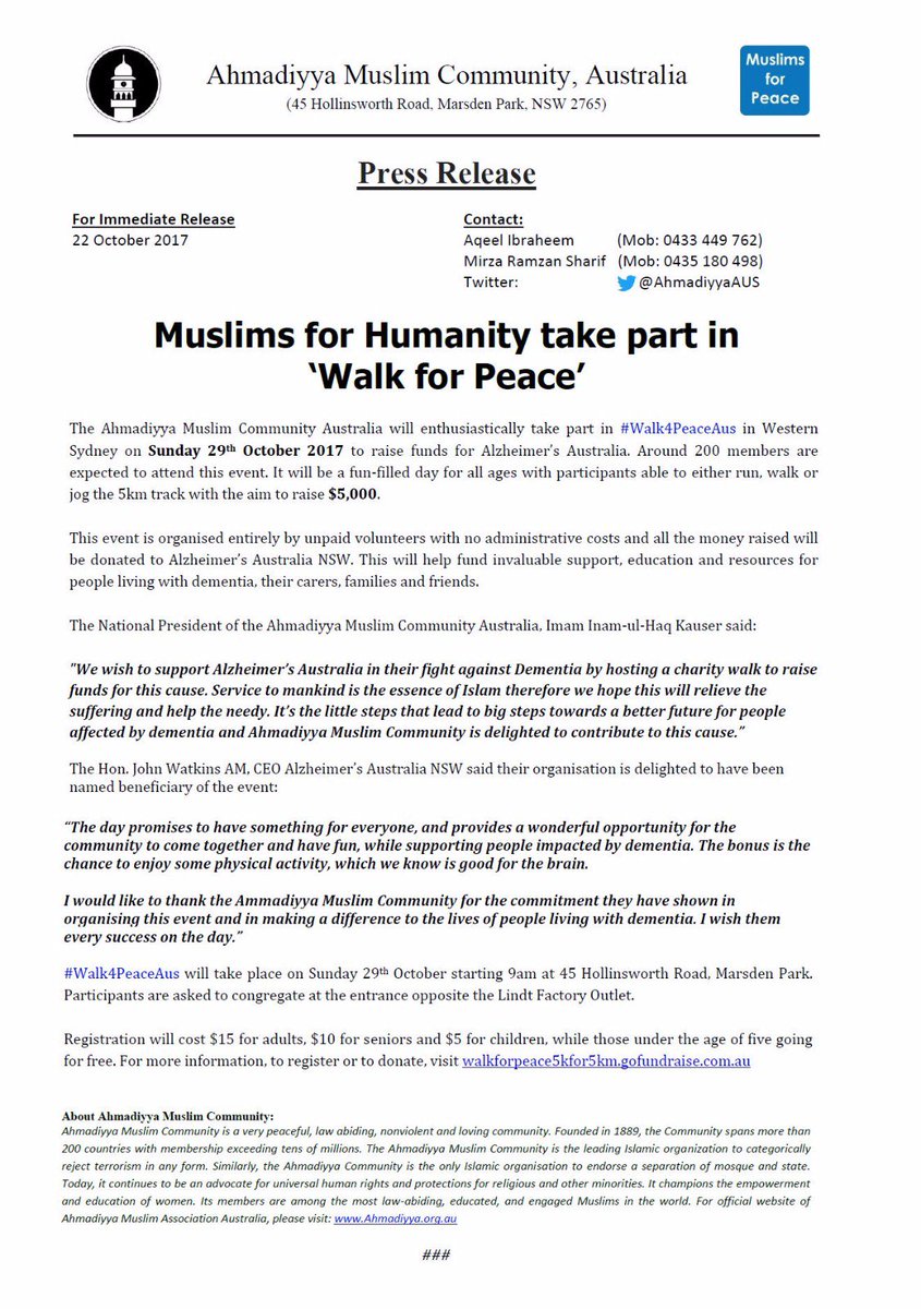Muslims for Humanity on Twitter: "PRESS RELEASE from @AhmadiyyaAUS