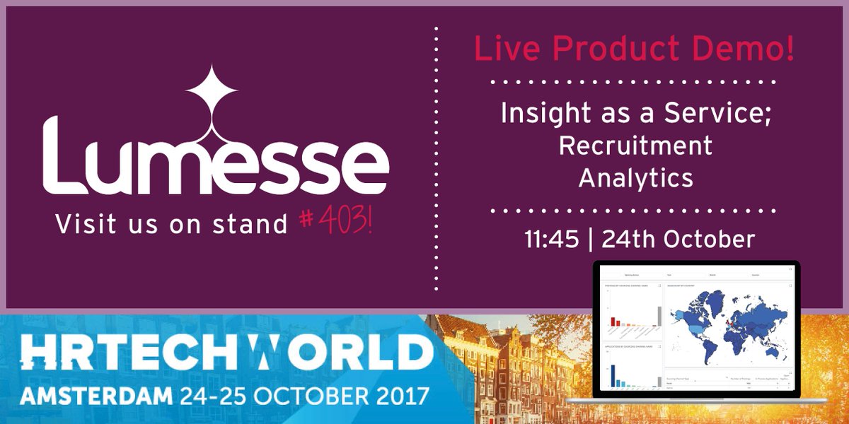Lumesse's tweet photo. Today at #HRTechWorld, learn about our high-level overviews for detailed #Recruitment analytics, at 11:45 on product stage A. https://t.co/VekD9yJUY0