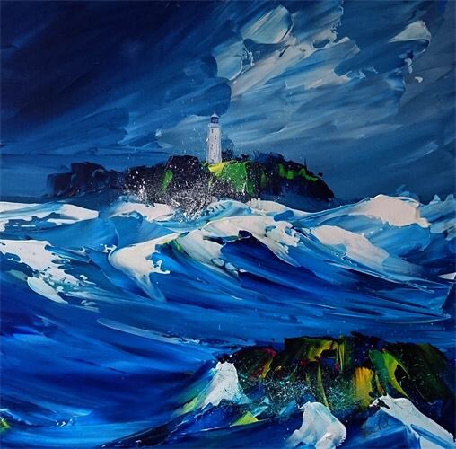 PHGpadstow's tweet photo. Dramatic weather-inspired painting 'Stormy Godrevy' by Jan Nelson, sold to a lovely family in #Padstow #ThankYou #StormBrian #ArtCollectors https://t.co/9TzC37JYFd