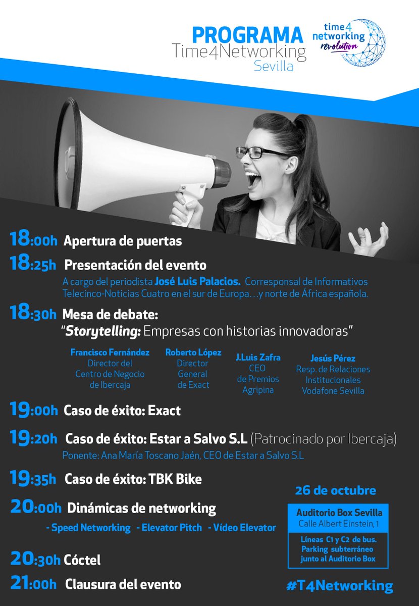 WorldSevilla's tweet photo. Este jueves 26, a 18:00, te invitamos al @t4networking en @Box_Sevilla. Pincha este enlace y reserva asiento gratis https://t.co/MzcSl7PCt1 https://t.co/1VatFLpRMy