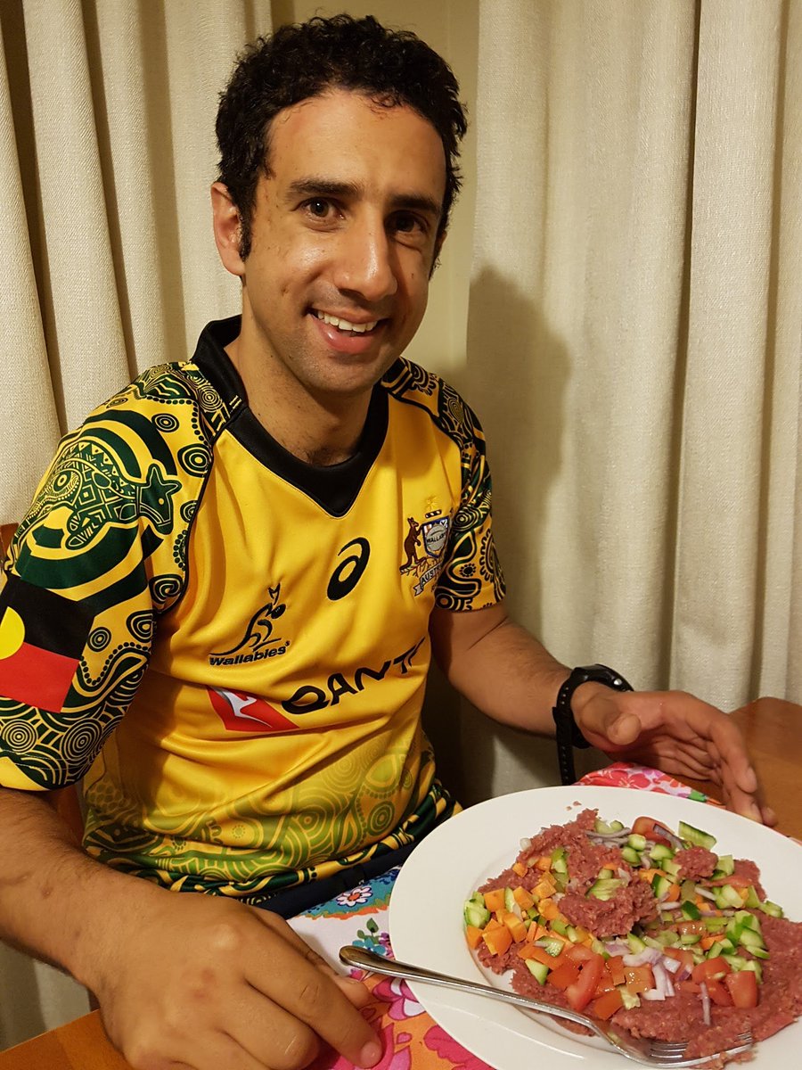 lstevo9984's tweet photo. Feeling very multicultural with my new @qantaswallabies jersey eating my fave ๐ฑ๐ง dish #foodofthegods #kibbee #gothewallabies https://t.co/uSOOvZCjbY