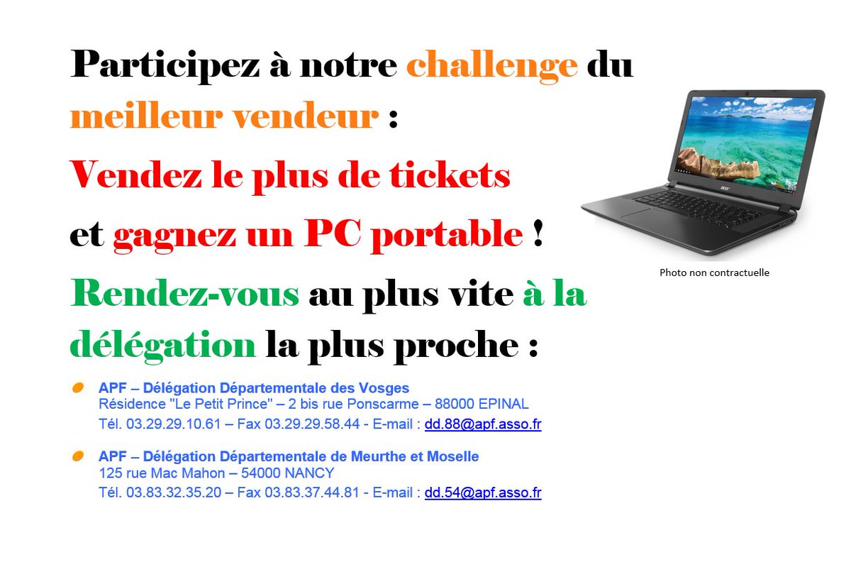 apf_88's tweet photo. #HandiDon Soutenez l'#APF et tentez de remporter un PC Portable : Devenez le meilleur vendeur HandiDon Lorraine Sud https://t.co/Tqhg9EFoo3