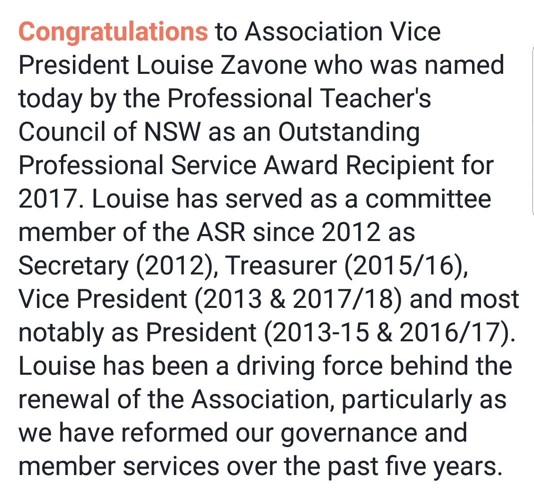 ASRcommittee's tweet photo. Congratulations to our Vice President @LouiseZavone on her Outstanding Professional Service Award from @ptcnsw https://t.co/7BHR2cc26l
