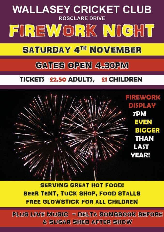 WallaseyCC's tweet photo. 🎇WCC Firework Night 
📆 Sat 4th Nov 17
🕰 Fireworks 7pm
🎵 @SugarShedBand @deltasongbook 
🍔 Food stalls
🍺 Beer Tent
💷 £2.50 Adults &amp; £1 Kids https://t.co/mW0pbKLErk