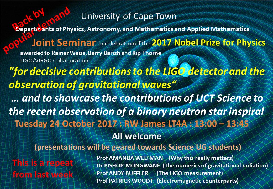 UCT_news's tweet photo. The Faculty of Science are hosting  a joint seminar today @1pm to celebrate their 2017 Nobel prize for Physics award https://t.co/I7oEFNQzyH https://t.co/rVgHRn4ojk