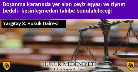 Boşanma kararında yer alan çeyiz eşyası ve ziynet bedeli- kesinleşmeden takibe konulabileceği hukukmedeniyeti.org/karar/15709/