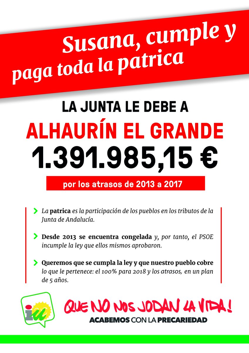 IUMalaga's tweet photo. @jloalameda @GuzmanCasares @sr_teresa @DamasoMarquez @iuandalucia Si Susana pagara su #deudahistórica con Alhaurin el Grande se podría arreglar la carretera de Villafranco del Guadalhorce #Aalucia2018 https://t.co/Ng28r8T0Ln
