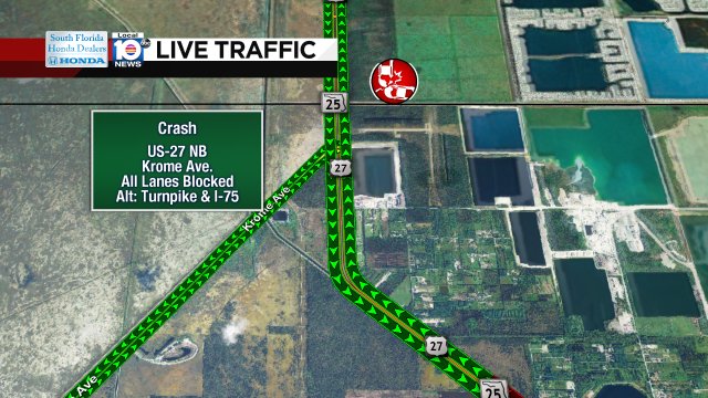 UPDATE: Crash cleared along US-27 NB & Krome Ave. All NB lanes have re-opened. #TRAFFIC #MIAMI https://t.co/oNYRzpWhag