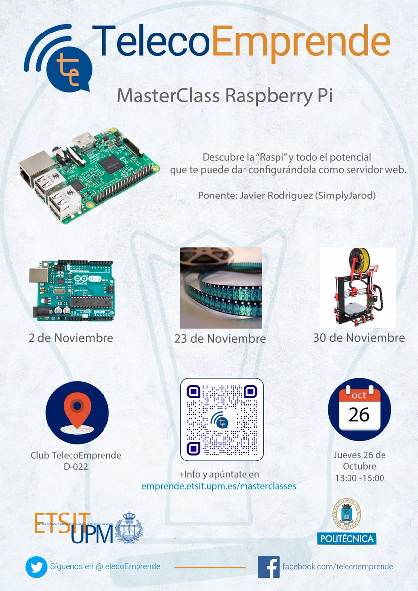 TelecoEMPRENDE's tweet photo. Por fin comienzan las MasterClass este jueves con Raspi! 
No dudes en apuntarte en https://t.co/j1NFjkuXnn https://t.co/2OEGmkML3C