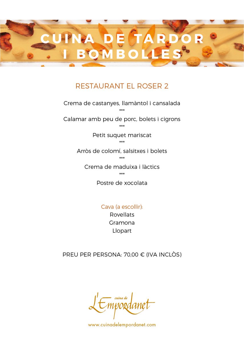 CuinaEmpordanet's tweet photo. El Restaurant @Elroser2 us fa la següent proposta per la "Cuina de tardor i bombolles" #cuinaempordanet
https://t.co/CxFvM02Edm https://t.co/HtJzJS1Sf9