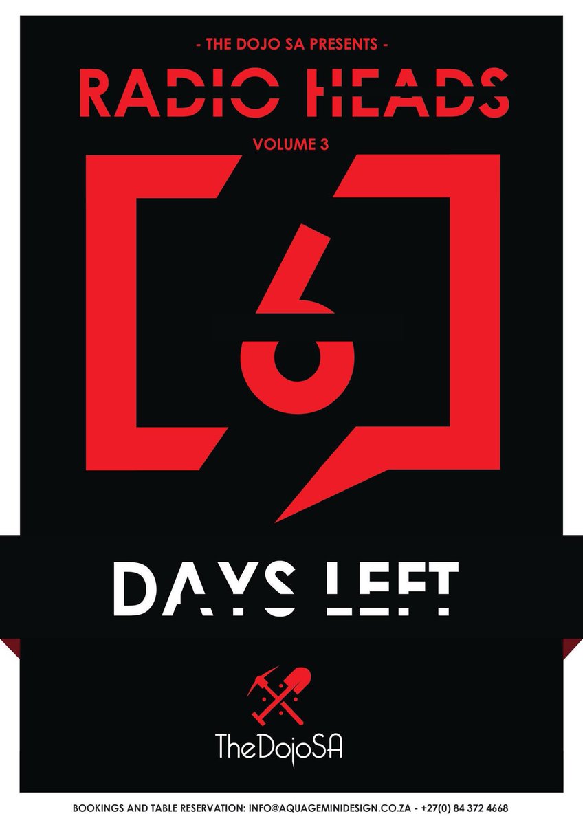 Thedojosa1's tweet photo. 6 days left #TheDojoSA #RadioHeads Volume 3 of 7 with the official #MTV scratch dj. 29 October 2017 at Boho. Inbox for guest list &amp; tickets https://t.co/uzfPXwvJOB