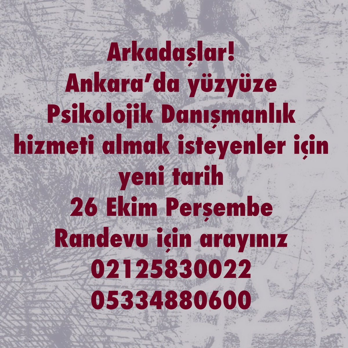 Perşembe günü Ankara’dayım.

Psikolojik danışmanlık hizmeti için randevu alabilirsiniz.